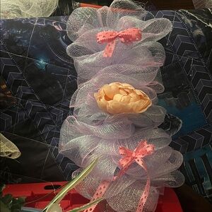 Decorative Lavender Mesh Ribbon Wreath with Peach Flower and Pink Bows